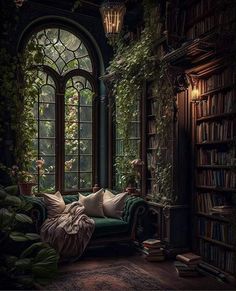 a green couch sitting in front of a large window filled with plants and ivys