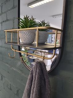 there is a towel rack on the wall next to a potted plant and mirror