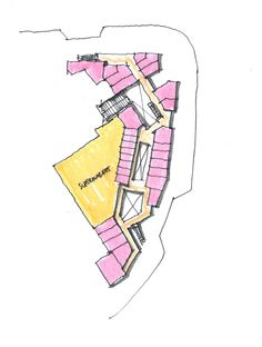 a drawing of a plan for a building with pink walls and yellow roofing on it