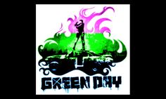 the logo for green day is shown on a white background with black and pink flames