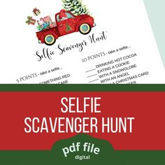 the selfie scavenger hunt is on display in front of a christmas tree