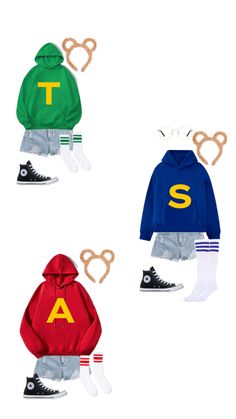 three children's clothes with the letter t on them and two pairs of shoes