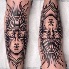 tattoos on the legs of two people with masks