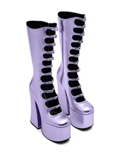 lilac purple calf leather metallic finish side zip fastening block heel decorative buckle detail square toe branded insole platform sole knee-high Marc Jacobs Kiki Boots Outfit, Purple Boots Aesthetic, Pastel Goth Purple, Weird Heels, Kiki Boots, Monster High Inspired Outfits, Marc Jacobs Boots, Aquarius Szn, Panty And Stocking Anime