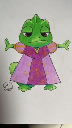 a drawing of a frog in a purple dress