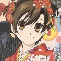 an anime character with brown eyes and flowers in her hair