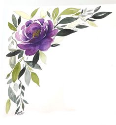 a watercolor painting of purple flowers and green leaves