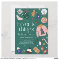 a holiday party card with an illustration of sweaters and christmas decorations on it, which reads favorite things holiday party