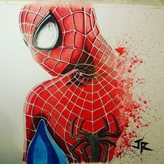 a drawing of a spider man with red paint splattered on it's face