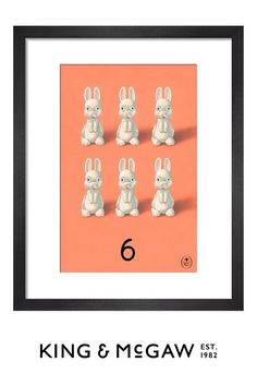 the number six is in front of an orange background with white rabbits and numbers on it