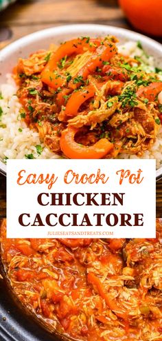 an easy crock pot chicken cacciator recipe with rice and carrots on the side