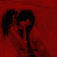 an abstract painting of two people kissing in red and black colors on a dark background