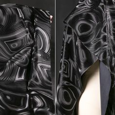 Black ultra wave water patterned leather stiff texture gradient reflective jacket trench coat bag Texture Gradient, Reflective Fabric, Reflective Jacket, Water Patterns, Textured Waves, Leather Texture, Leather Fabric, Fabric Design, Trench Coat