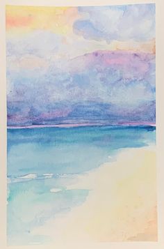 watercolor painting of an ocean scene with blue, pink and yellow clouds in the sky