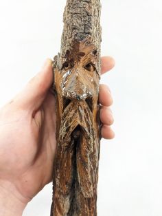 a hand holding a piece of wood with a face on it