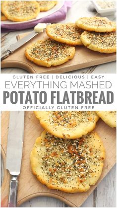 the recipe for everything mashed potato flatbread is shown on a cutting board