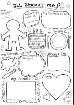 an all about me coloring page for kids with pictures and words to color on it