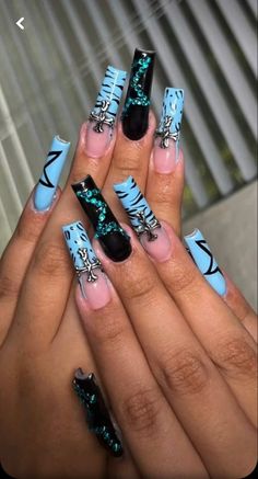 Y2k nail art 200s nails 2000s nail art Black Halloween Nails, Nails Y2k, Blue Acrylic Nails, Blue Y2k, Long Acrylic Nails Coffin