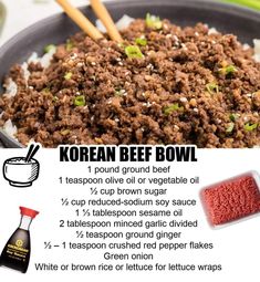 korean beef bowl recipe with instructions for cooking it in a skillet and ingredients to make it