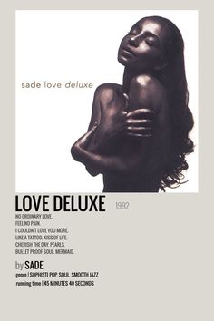 a poster with the words love deluxe in black and white, featuring an image of a woman