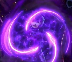 an animated character holding a circular object in front of her face and glowing purple lights