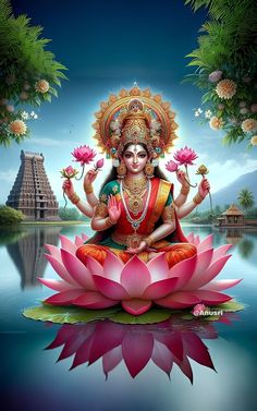 the hindu goddess sitting on top of a lotus flower in front of a body of water