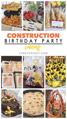 construction birthday party with lots of food and decorations