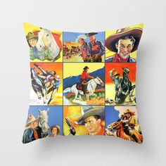 a pillow with many pictures of people on it, including horses and cowboy's