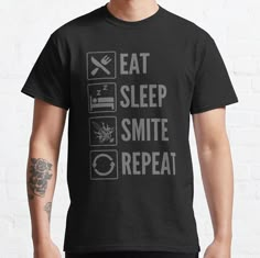 a man wearing an eat sleep smile repeat t - shirt