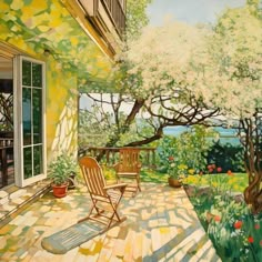 a painting of a patio with chairs and flowers on the ground next to it,