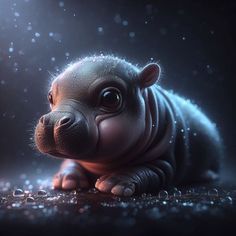 a baby hippopotamus laying on the ground with its eyes wide open and glowing