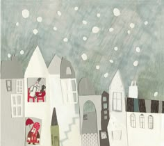 a drawing of houses with snow falling on the roof and one person holding an umbrella