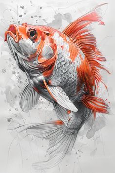 a drawing of a fish with orange and white colors on it's body, swimming in water