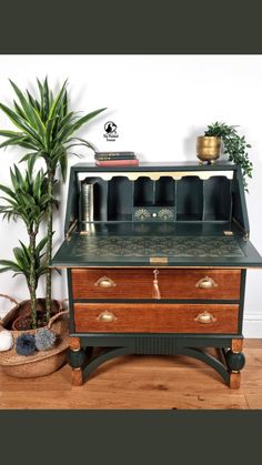 an old fashioned desk with plants and books on it