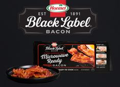 the back side of a black label with bacon on it next to a frying pan