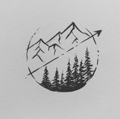 a drawing of mountains and trees with an arrow in the middle