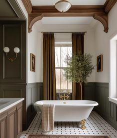 a bath tub sitting under a window next to a potted plant in a bathroom