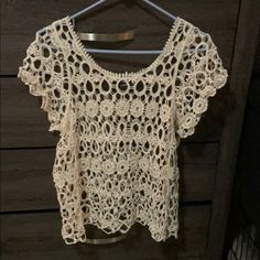 Brand New, Never Worn Crochet Blouse. Summer Lace Blouse With Crochet Trim, Vacation Crochet Lace Blouse, Crochet Lace Blouse For Vacation, Vintage Crochet Top Beige Summer, Vintage Crochet Top In Beige For Summer, Vintage Beige Crochet Top For Summer, Summer Crochet Lace Top For Day Out, Vintage Open Knit Tops For Summer, Crochet Lace Top For Summer Day Out