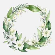 a watercolor wreath with white flowers and green leaves on the bottom, surrounded by greenery