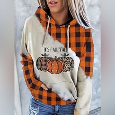 Nwt Orange Plaid It’s Fall Yall Hoodie Thankful Pumpkin, Pumpkin Graphic, Ethno Style, Plaid Hoodie, Pumpkin Sweatshirts, Hoodie Cozy, Kangaroo Pocket Hoodie, Christmas Outfits, Pocket Hoodie