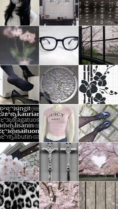 the collage shows different types of black and white images, including flowers, trees, glasses