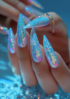 Light Blue French Tips, Light Blue Nail Art, Pastel Glitter Nails, Blue Nail Art Ideas, Nail Art Pastel, Light Blue Nail, Light Blue Nail Designs, Deluxe Nails, Opal Nails