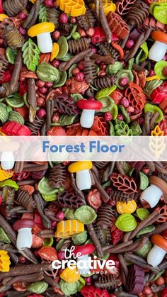 an assortment of different colored candies and chocolates with the words forest floor above them