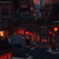 an animated image of a city street at night with red lights and lanterns on the buildings