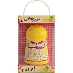 a yellow plastic bottle in a pink and white checkered box with the words i butter corn on it