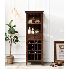 a tall wooden cabinet with wine bottles in it