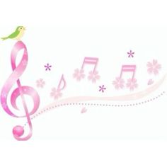 a music note with pink flowers and musical notes on the side, as well as a bird