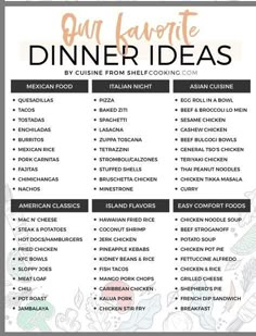 an image of a dinner menu with the words, our favorite dinner ideas