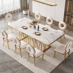 a marble dining table surrounded by white chairs