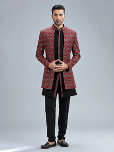 With its eyecatching and multicolor embroidery, this black indowestern is truly a class. This one also has sequins work all over it. The matching pant complement the overall look. Mens Ethnic Wear, Multicolor Embroidery, Men's Ethnic Wear, A Class, Ethnic Wear, Over It